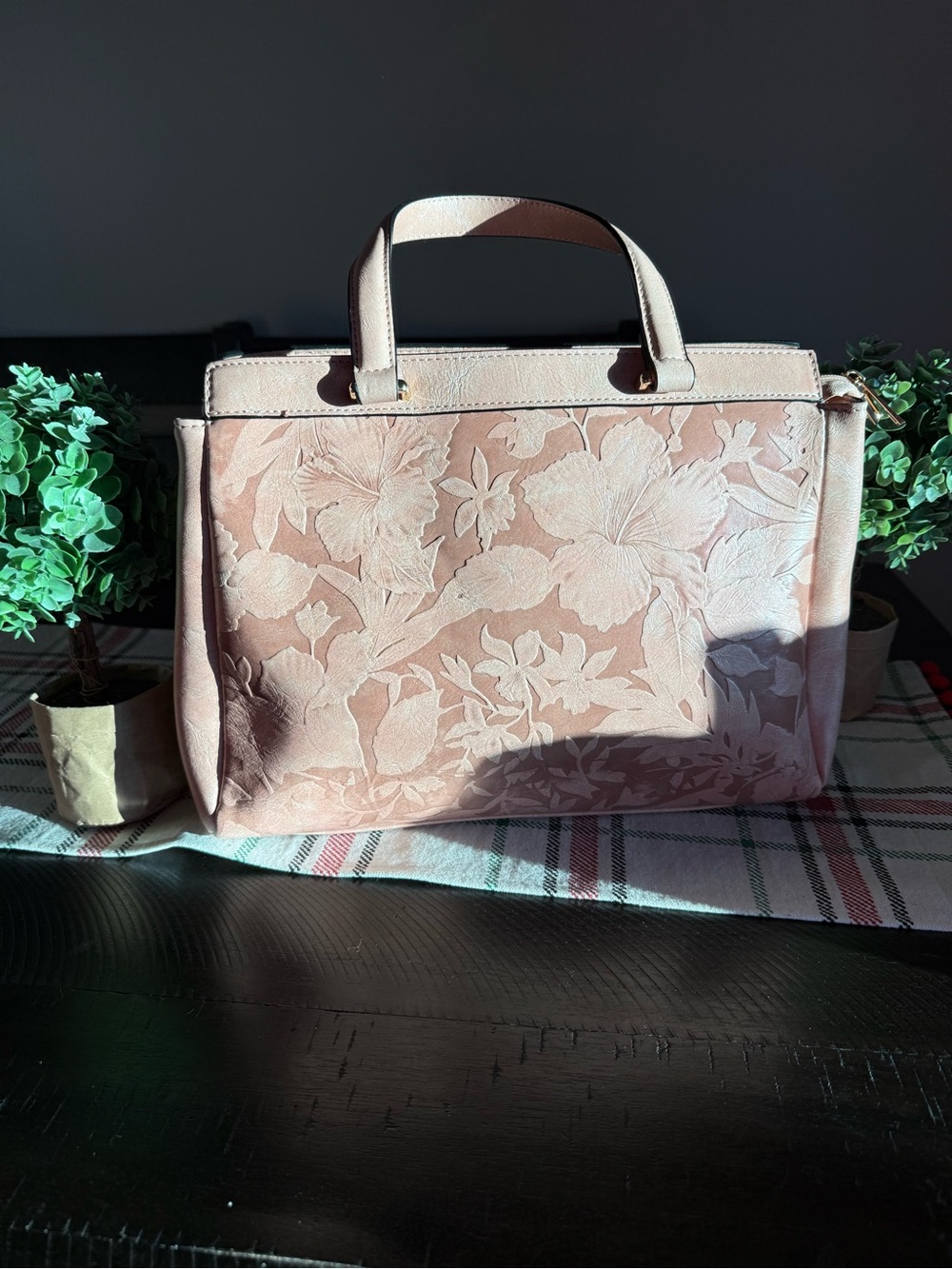 Elegant Floral Embossed Tote Bag in Blush Pink